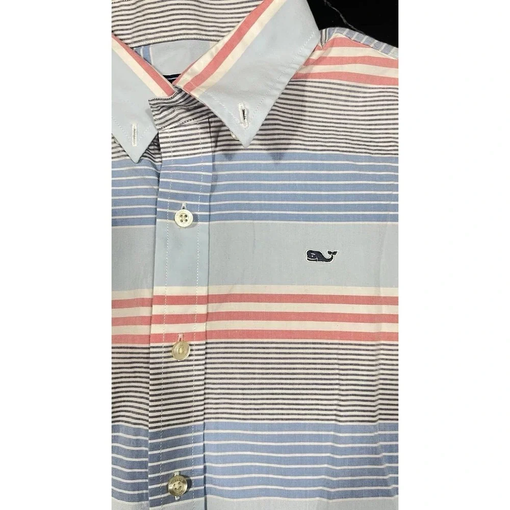 Vineyard Vines Boy's Whale Shirt Light Red Blue White Striped Short Sleeve Sz XL